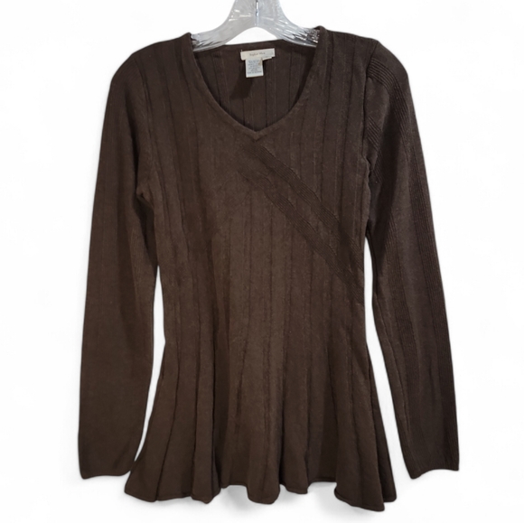 Sophie Max Skirted‎ Sweater Brown Soft Cotton Blend V-Neck Medium Runs Small - Picture 1 of 6